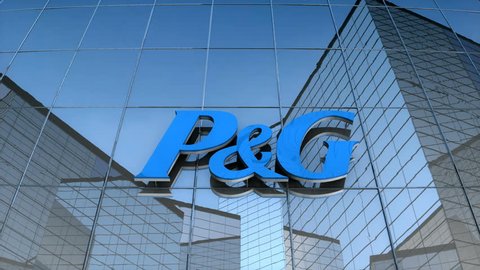 Editorial use only, 3D animation, P&G logo on glass building.	