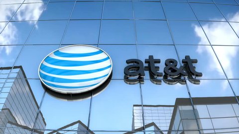 Editorial use only, 3D animation, AT&T logo on glass building.	