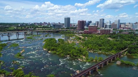 RICHMOND, VA, USA - JUNE 28, 2017: Aerial drone video Downtown Richmond Virginia 4k James River