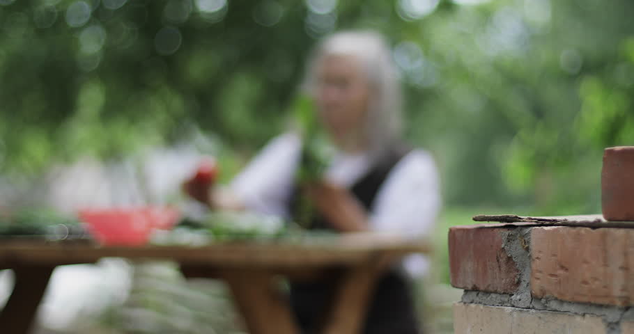 An old woman with gray hair sits at a table in the garden and holds a tomato and a cucumber in her hands. Grandma is preparing a salad. Brick wall in defocus. Summer windy day. 4K footage.