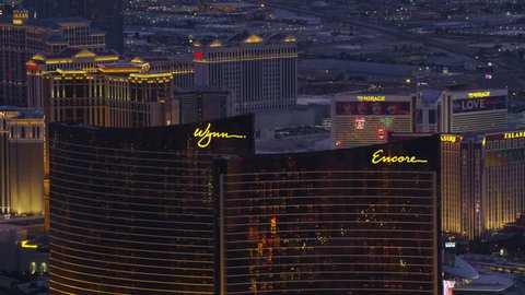 Las Vegas, Nevada circa-2017, Aerial view of Encore, Wynn and Las Vegas Strip. Shot with Cineflex and RED Epic-W Helium.