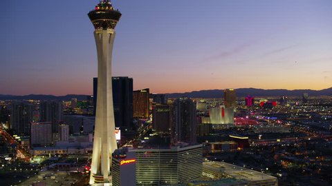 Las Vegas, Nevada circa-2017, Low angle aerial view of Las Vegas Strip. Shot with Cineflex and RED Epic-W Helium.