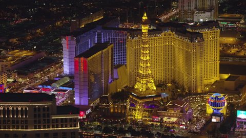 Las Vegas, Nevada circa-2017, Aerial view of Paris hotel and casino. Shot with Cineflex and RED Epic-W Helium.