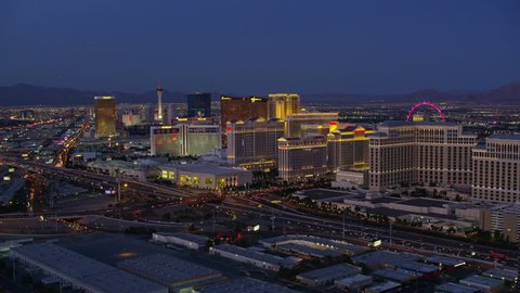 Las Vegas, Nevada circa-2017, Aerial view of Las Vegas Strip at night. Shot with Cineflex and RED Epic-W Helium.