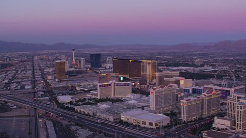 Las Vegas, Nevada circa-2017, Wide angle aerial view of Las Vegas Strip at sunset. Shot with Cineflex and RED Epic-W Helium.