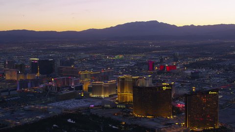 Las Vegas, Nevada circa-2017, Wide aerial view of Las Vegas Strip at dusk. Shot with Cineflex and RED Epic-W Helium.