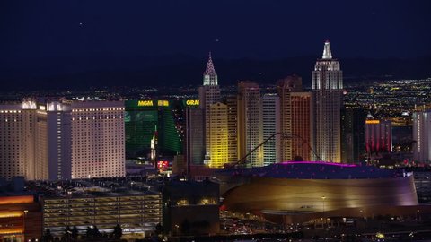 Las Vegas, Nevada circa-2017, Aerial view of T Mobile Arena and Las Vegas Strip. Shot with Cineflex and RED Epic-W Helium.