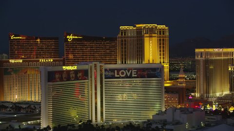 Las Vegas, Nevada circa-2017, Aerial view of Casinos on the Las Vegas Strip. Shot with Cineflex and RED Epic-W Helium.