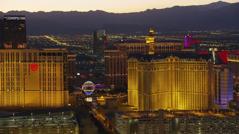 Las Vegas, Nevada circa-2017, Aerial view of Las Vegas Strip at night. Shot with Cineflex and RED Epic-W Helium.