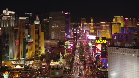 Las Vegas, Nevada circa-2017, Low angle fly over Las Vegas Strip at night. Shot with Cineflex and RED Epic-W Helium.