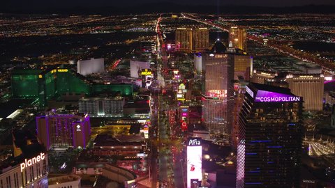 Las Vegas, Nevada circa-2017, Flying directly over the Las Vegas Strip. Shot with Cineflex and RED Epic-W Helium.