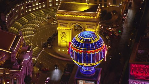 Las Vegas, Nevada circa-2017, Aerial view of Paris hotel and casino on the Las Vegas Strip. Shot with Cineflex and RED Epic-W Helium.