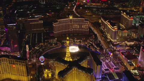 Las Vegas, Nevada circa-2017, Orbit Bellagio fountain and Las Vegas Strip at night. Shot with Cineflex and RED Epic-W Helium.