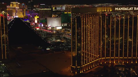 Las Vegas, Nevada circa-2017, Reveal Las Vegas Strip from Mandalay Bay. Shot with Cineflex and RED Epic-W Helium.