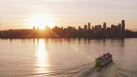 Seattle, Washington circa-2017, Ferry heading towards Seattle at sunrise. Shot with Cineflex and RED Epic-W Helium.