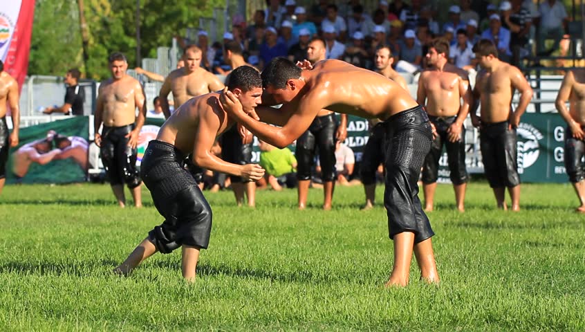 ISTANBUL - AUG 24: Unidentified wrestlers in the 8th Sile Annual Oil Wrestling