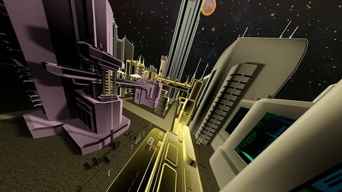 Animation 3D city. Night flight. Stock Video