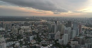 Aerial drone view of Bangkok during beautiful cloudy sunset