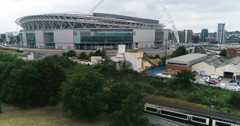 LONDON, UNITED KINGDOM - JUNE 22, 2017 - Aerial ascending view of Wembley stadium in North London