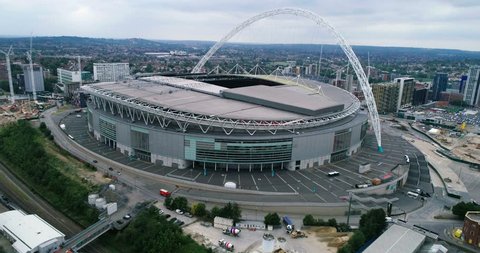 LONDON, UNITED KINGDOM - JUNE 22, 2017 - Aerial pull out view of Wembley stadium in North London