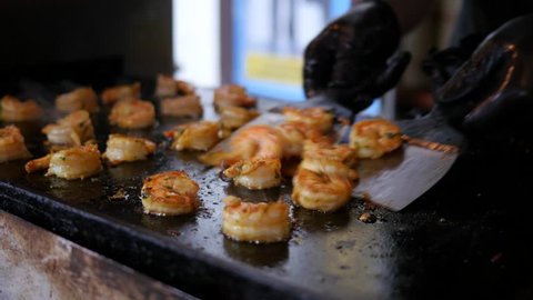 Food Truck Roasting Shrimps At Street Food Market Fair Stock Video