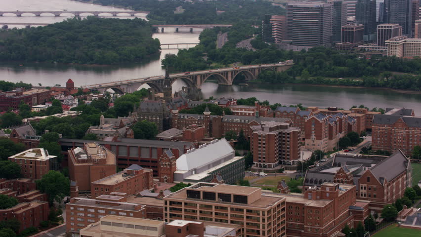 Washington, D.C. circa-2017, Aerial view of Georgetown University. Shot with Cineflex and RED Epic-W Helium.