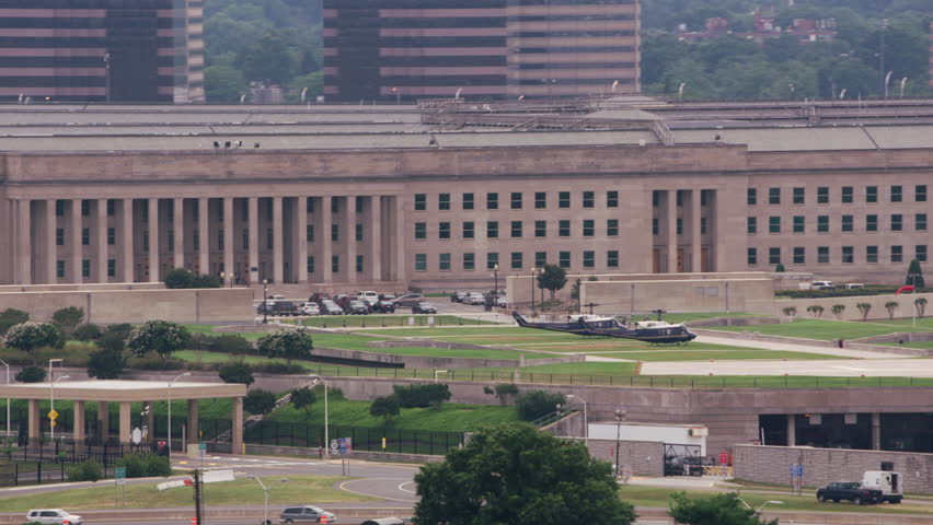 Washington, D.C. circa-2017, Two government helicopters in front of Pentagon. Shot with Cineflex and RED Epic-W Helium.