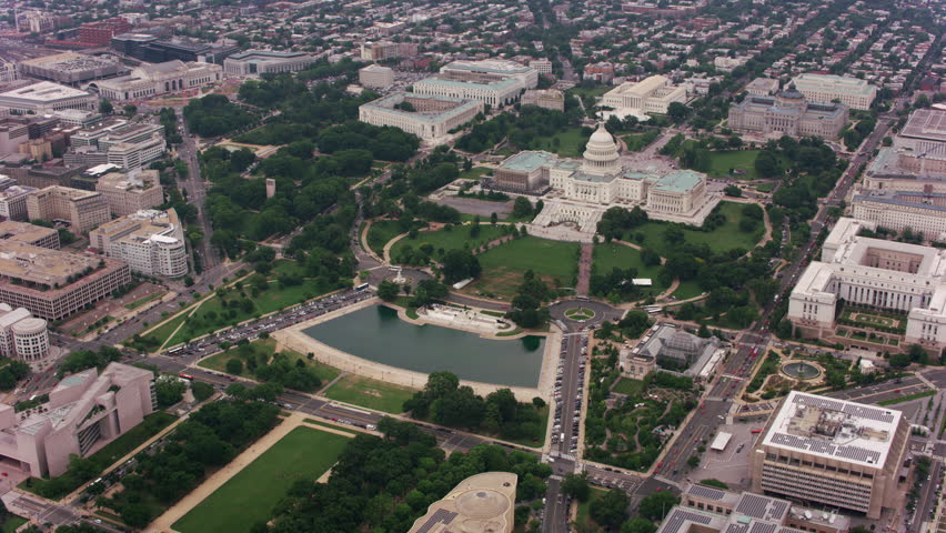 Washington, D.C. circa-2017, High angle aerial view of US Capitol building. Shot with Cineflex and RED Epic-W Helium.