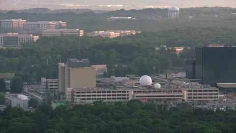 Washington, D.C. circa-2017, Aerial view of the National Security Agency (NSA) headquarters in Fort Meade. Shot with Cineflex and RED Epic-W Helium.