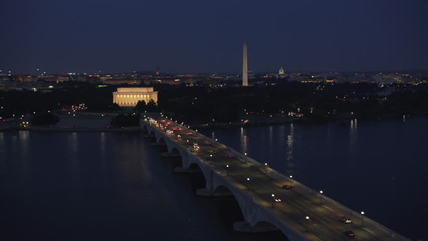 Washington, D.C. circa-2017, Flying over Potomac River with Arlington Memorial Bridge leading to Lincoln Memorial. Shot with Cineflex and RED Epic-W Helium.