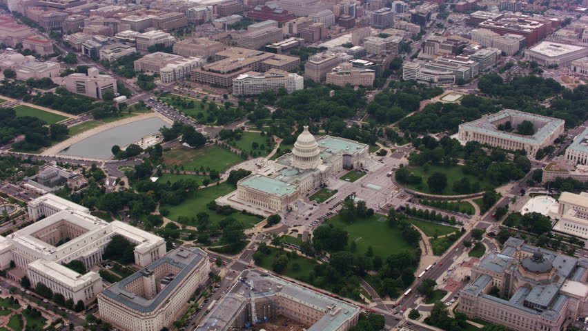 Washington, D.C. circa-2017, High angle aerial view of US Capitol building. Shot with Cineflex and RED Epic-W Helium.