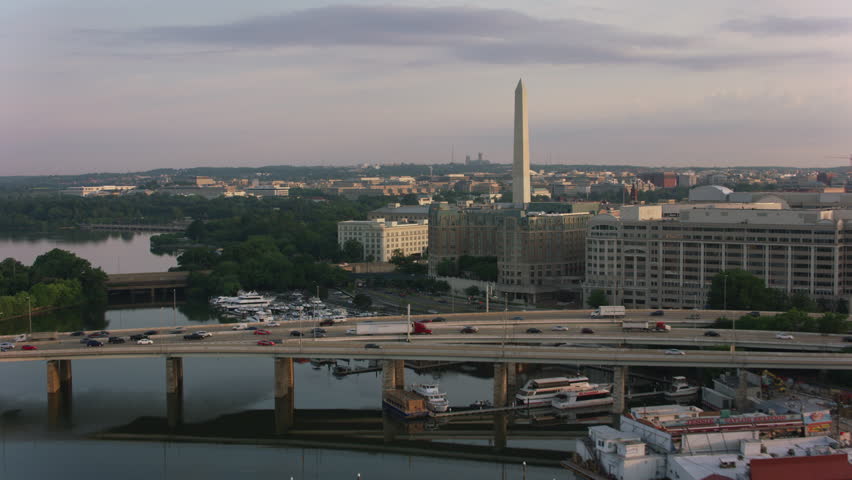 Washington, D.C. circa-2017, Aerial sunrise view of Washington Monument and White House. Shot with Cineflex and RED Epic-W Helium.
