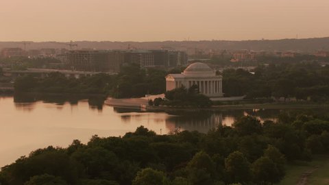 Washington, D.C. circa-2017, Sunrise over Jefferson Memorial and Tidal Basin. Shot with Cineflex and RED Epic-W Helium.