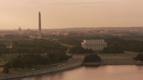 Washington, D.C. circa-2017, Aerial view of the Lincoln Memorial, Washington Monument and Capitol Building at sunrise. Shot with Cineflex and RED Epic-W Helium.