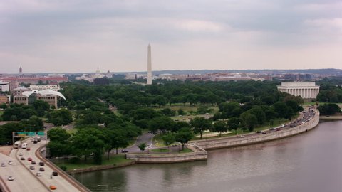 Washington, D.C. circa-2017, Following Potomac River past Lincoln Memorial. Shot with Cineflex and RED Epic-W Helium.