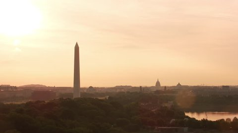 Washington, D.C. circa-2017, Aerial view of sunrise over Washington D.C. Shot with Cineflex and RED Epic-W Helium.