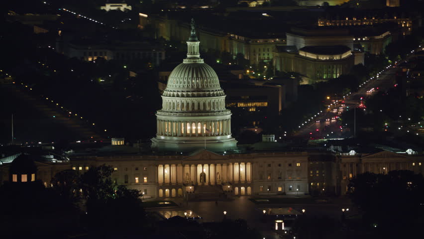 Washington, D.C. circa-2017, Aerial view of the United States Capitol building at night. Shot with Cineflex and RED Epic-W Helium.