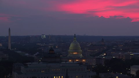 Washington, D.C. circa-2017, Aerial view of the Lincoln Memorial, Washington Monument and Capitol Building at dusk. Shot with Cineflex and RED Epic-W Helium.