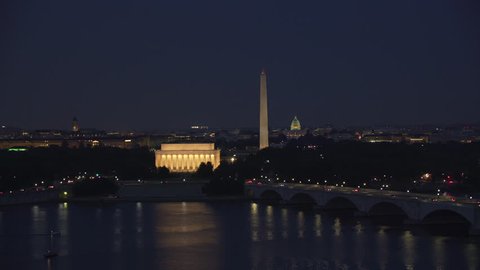 Washington, D.C. circa-2017, Flying over Potomac River with Arlington Memorial Bridge leading to Lincoln Memorial. Shot with Cineflex and RED Epic-W Helium.