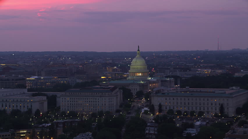 Washington, D.C. circa-2017, Aerial view of US Capitol Building at sunset. Shot with Cineflex and RED Epic-W Helium.