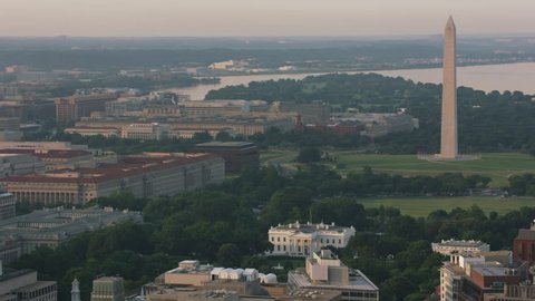 Washington, D.C. circa-2017, Aerial view of White House, Washington Monument and Jefferson Memorial. Shot with Cineflex and RED Epic-W Helium.