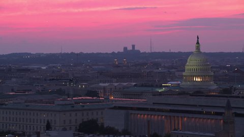 Washington, D.C. circa-2017, Aerial view of US Capitol Building at sunset. Shot with Cineflex and RED Epic-W Helium.
