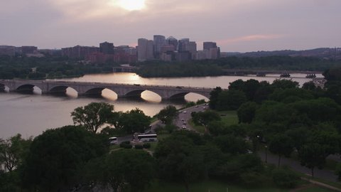 Washington, D.C. circa-2017, Flying over Potomac River and Arlington Memorial Bridge at sunset. Shot with Cineflex and RED Epic-W Helium.