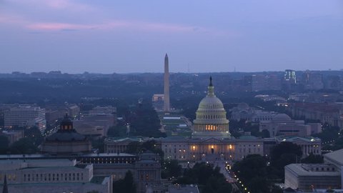 Washington, D.C. circa-2017, Aerial view of Capitol Dome and Library of Congress at dusk. Shot with Cineflex and RED Epic-W Helium.