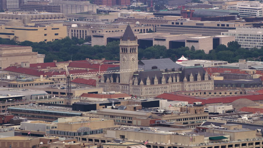 Washington, D.C. circa-2017, Aerial view of Old Post Office Pavilion. Shot with Cineflex and RED Epic-W Helium.