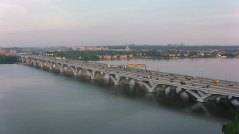 Washington, D.C. circa-2017, Aerial view of traffic on the Woodrow Wilson Bridge over the Potomac River. Shot with Cineflex and RED Epic-W Helium.