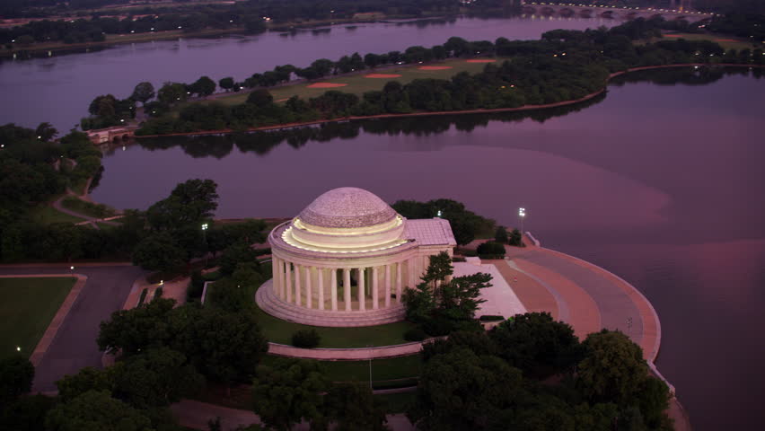 Washington, D.C. circa-2017, Aerial view of Jefferson Memorial and Tidal Basin at sunrise. Shot with Cineflex and RED Epic-W Helium.