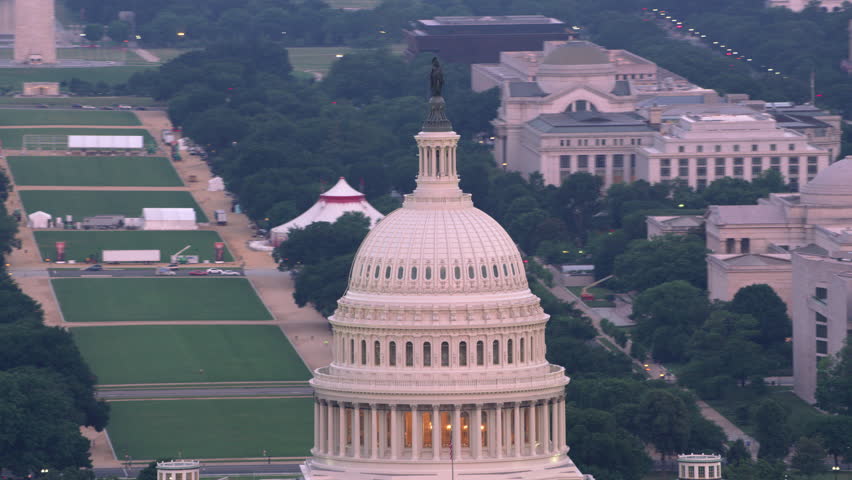 Washington, D.C. circa-2017, Close-up aerial view of the Capital Dome and Washington D.C. Shot with Cineflex and RED Epic-W Helium.