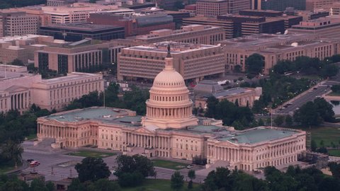 Washington, D.C. circa-2017, Aerial view of the Capitol Building in early morning light. Shot with Cineflex and RED Epic-W Helium.