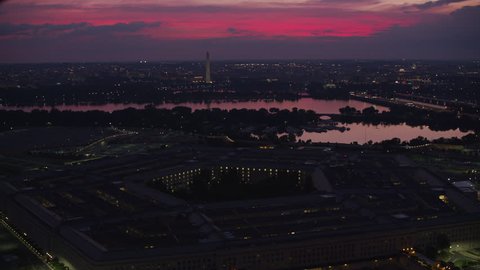 Washington, D.C. circa-2017, Early morning aerial view of Pentagon with Potomac River and city in distance. Shot with Cineflex and RED Epic-W Helium.